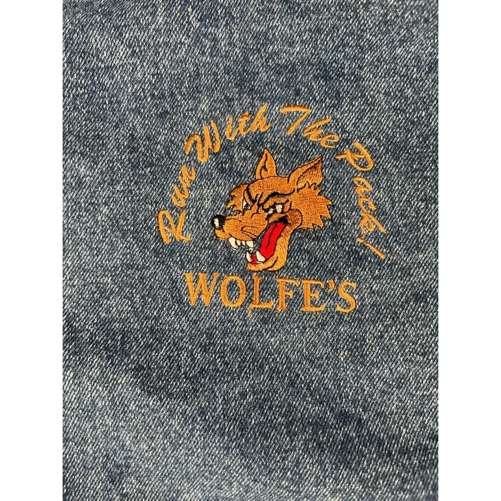 Dunbrooke Varsity Jacket Mens XL Blue Denim Tan Canvas Good Wolfe's Embroidered